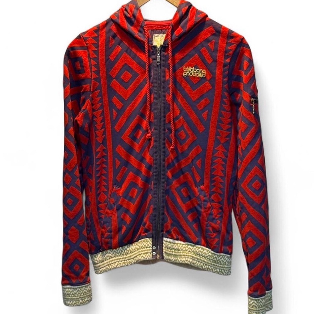 Billabong Red & Navy Striped Zip Hoodie with Embroidered Patch tagged large